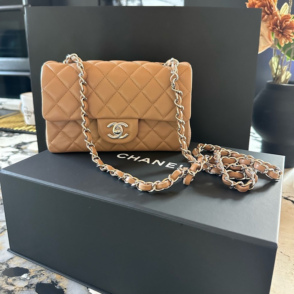 FULL SET - CHANEL Classic Flap Brown / Tan Mini with Silver HW